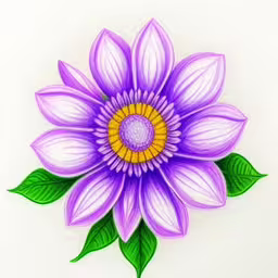 purple and yellow flower with green leaves on top of a white surface,a drawing of a large purple flower with green leaves,a flower painted with colored pencils and a white background,a purple flower with green leaves around it,a drawing of a purple flower with green leaves