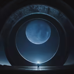 a person standing in front of a large object with a bright light on it