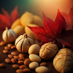 a group of nuts and a maple leaf