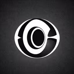a black and white circular logo on a dark background