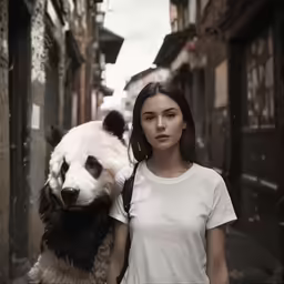 a woman standing next to a giant panda