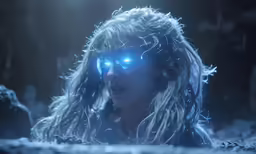 a woman wearing glowing glasses walking through snow