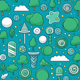 a blue background with some trees, clouds and bubbles