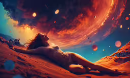 a woman laying on the sand under the clouds,a woman laying in the sand under a cloudy sky