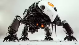 the robot is walking in the snow with bright orange eyes