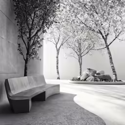 a bench sitting next to a tree filled wall