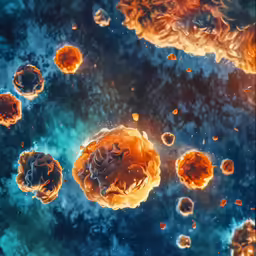 several orange and red objects floating in a deep ocean