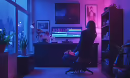 there is a woman sitting on a chair in the dark room