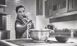 the woman is preparing her meal in the kitchen