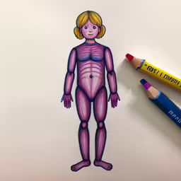 a drawing is being drawn with colored crayons,a drawing of a human body and crayons on the ground