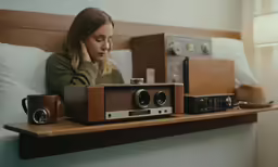 young woman resting in bed looking at old speakers