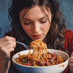 a woman is eating from a bowl of noodles