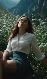 a woman is sitting in the grass wearing a short skirt