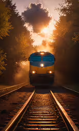the train is traveling along the railroad tracks,a train traveling down the train tracks at sunset