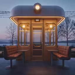 a view of a modern train car with benches and benches in front