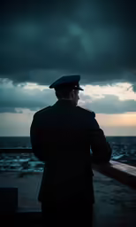 a man in a sailor suit looking out to sea under the stormy skies