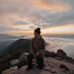 a woman sitting on top of a rocky hill