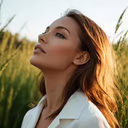 a beautiful woman standing in a grassy field