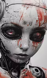 an alien with headphones and a machine face