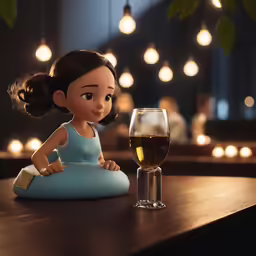 a little girl sits next to a glass of wine