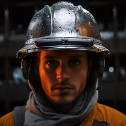 a man wearing a hard hat with rain drops on it