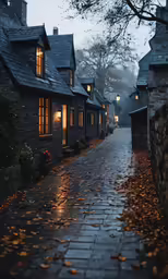 a rain - covered cobblestone street with trees and house lights on either side