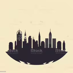 the silhouette of the city with buildings and churches,an skyline view of city in black and white