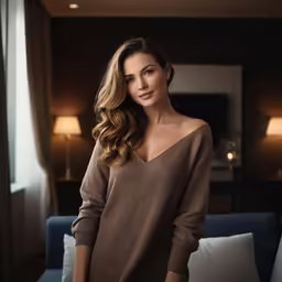 a beautiful woman in a brown sweater is posing for the camera