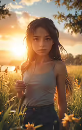 the girl is standing in the tall grass