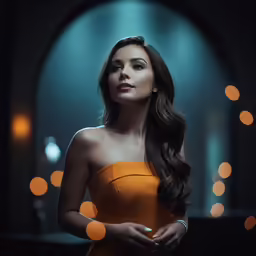 a beautiful woman in an orange dress posing