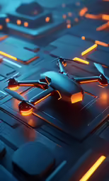 a black, blue and yellow drone remote control is on a dark background