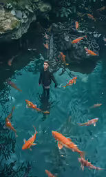 a man standing in the water surrounded by goldfish