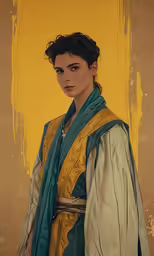 a woman standing in front of a yellow background