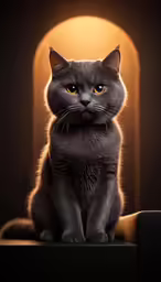 a gray cat sits on a dark table