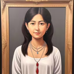 this painting of a woman has a red necklace,this painting shows an asian girl wearing jewelry,this painting has been painted to look like a girl,painting of woman in white top with jewelry,a painting of a woman in a white shirt with red necklaces and a red stone pendant