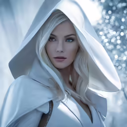 beautiful blonde woman wearing a white cloak and jewels