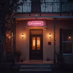 the front door of a restaurant with the words down town glowing in red on it
