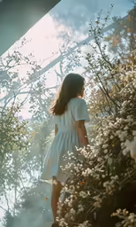 young girl standing among branches with yellow flowers