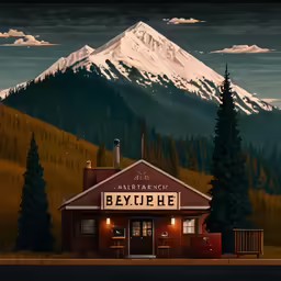 a poster of a mountain with an information service in the foreground