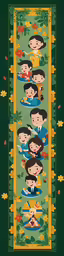 a poster depicting a group of people on green and yellow