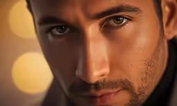 a man with blue eyes staring intently at the camera