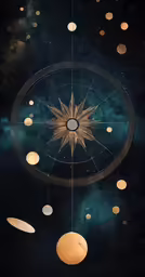 many golden planets and stars with different shapes