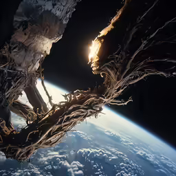 the earth from above with sun coming through the space