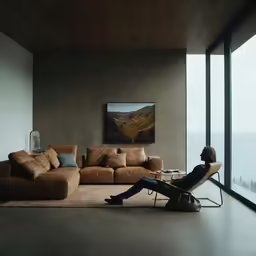 a man sitting on a couch in front of a tall glass window
