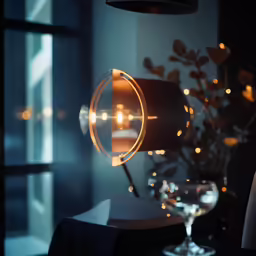 a lamp on a table with a candle and wine glass in front of it