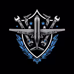 a large airplane on a big shield with wrenches on it,the front view of a plane with three wrenches in it