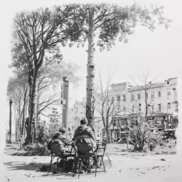 people sitting at a park under a large tree