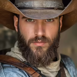 a bearded man with blue jeans and a beard in a hat