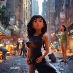 a woman stands in the middle of a street while the sun is setting