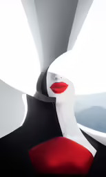 woman with red lipstick and black and white dress sitting on top of an object